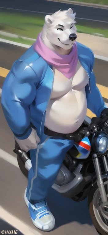 alone , Male tall ,huge body​, Riding a motorcycle on the go., road,Polar bear​ , Blue Military Spacesuit, Wear a pink scarf., Overweight , strapped muscles , Smirk, by chunie