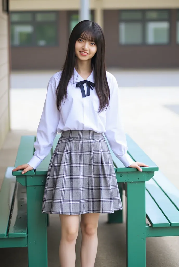 REAL HIGH QUALITY PHOTOS OF JAPANESE WOMEN, beautiful girl ((( Beautiful breasts , nsfw))) , best quality, 20 year old schoolgirl standing near green metal table,  Wearing a white shirt(((big breasts , big breasts , nsfw)), She's wearing a plaid skirt、The ...