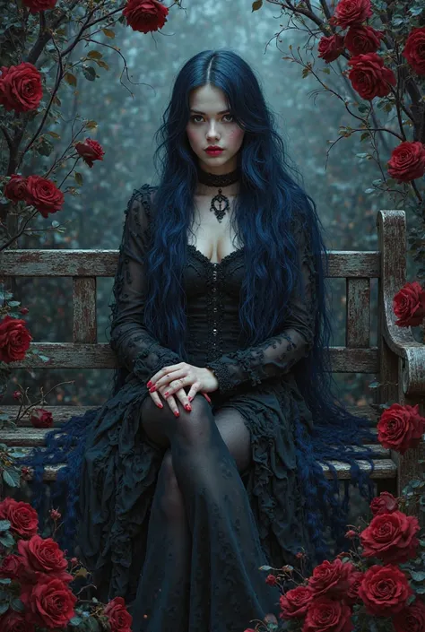 Create the cover of an album with a goth girl with long blue black hair dressed in black and red sitting on a bench with black roses and on the cover of the album that says seductive darkness