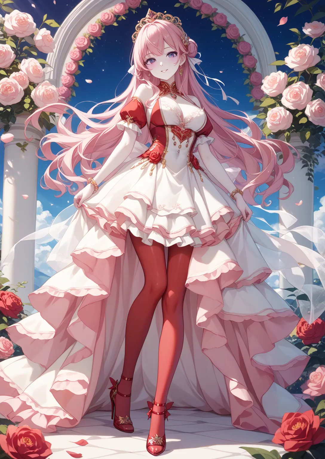 one woman、beautiful woman、 cute woman、pink long hair、purple eyes、 white skin、red tight dress showing back、high heels、 beautiful background、detailed background、masterpiece、Top Quality、illustration for both eyes