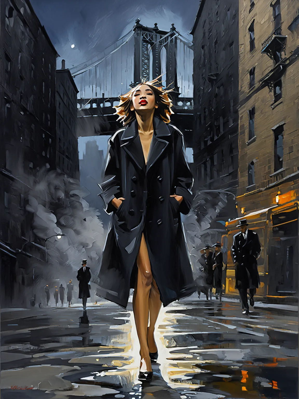 
(an expressive painting:1.3) by (Fabian Perez style:1.3) of a beautiful, very attractive , hourglass confident body shape , naked mulatto woman , In a misty scene beneath the towering Manhattan Bridge, a group of shadowy figures clad in dark coats strolls...