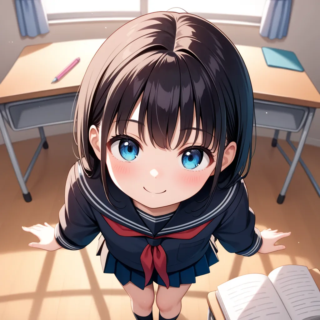 (masterpiece, best quality:1.4), (8k, ultra-detailed, anime style:1.2), cute young sister,, big eyes, small nose, detailed hair, bright background, (anime:1.3), , flat chest, school uniform, sailor suit:1.4), classroom:1.3) ,smile, blush,from above, look u...