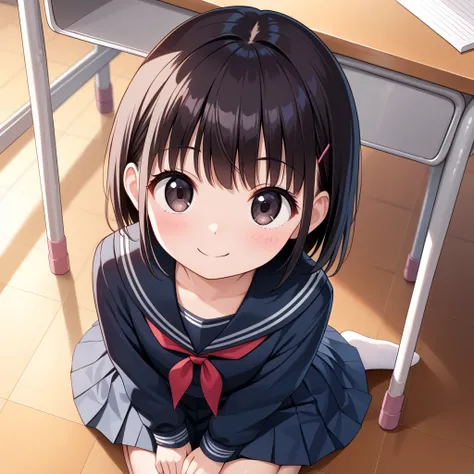 (masterpiece, best quality:1.4), (8k, ultra-detailed, anime style:1.2), cute young sister,, big eyes, small nose, detailed hair, bright background, (anime:1.3), , flat chest, school uniform, sailor suit:1.4), classroom:1.3) ,smile, blush,from above, look u...