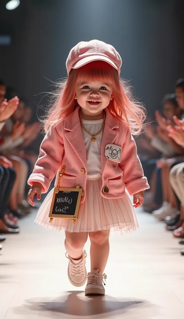 An incredibly cute, chubby, small baby with long pink hair and bangs happily walks down a brightly lit fashion runway, wearing an adorable, extravagant, and eye-catching teacher-themed outfit. The outfit is designed to resemble a highly detailed teacher’s ...