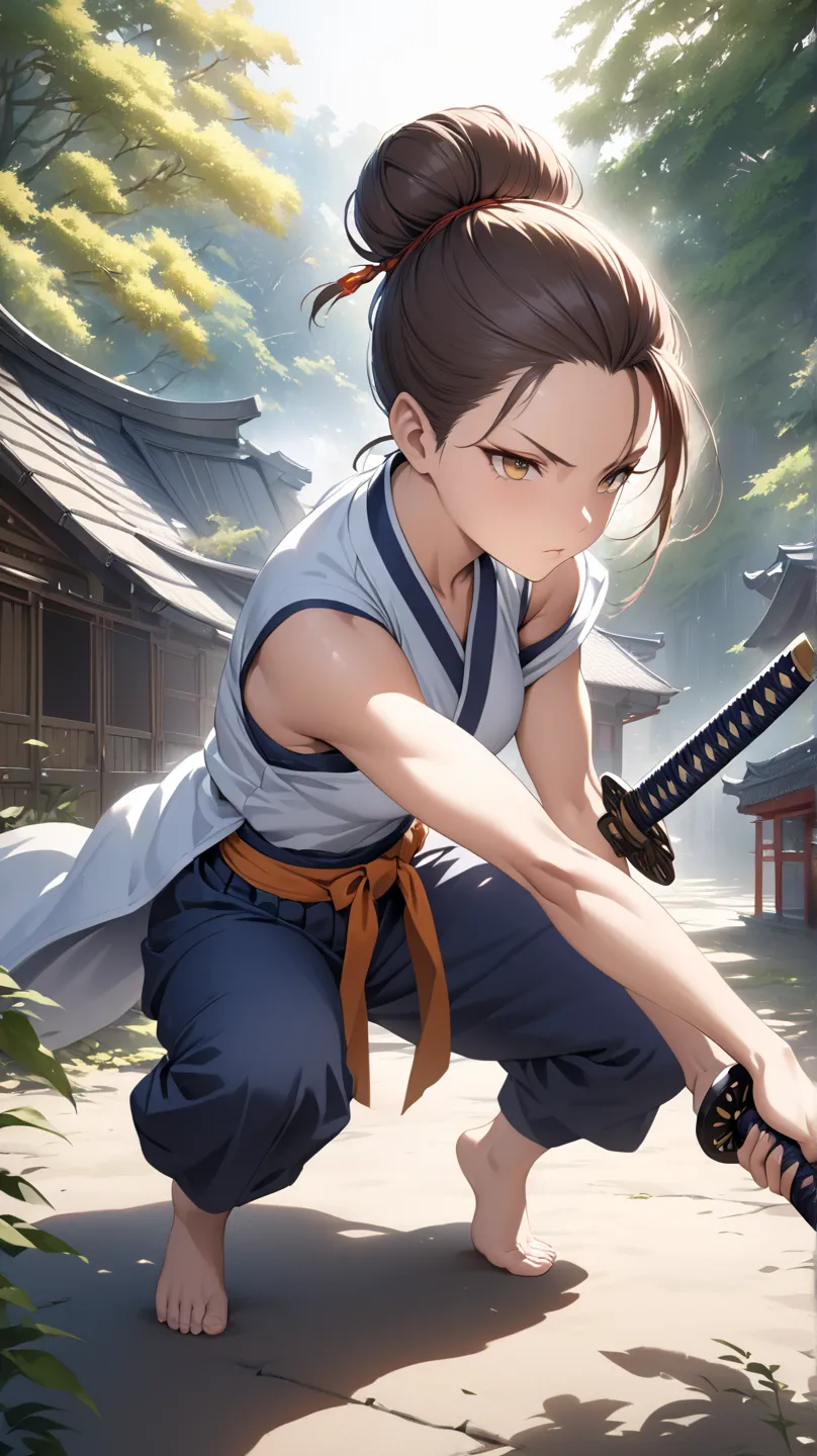 ((best quality)), ((masterpiece)), ( details), Anime style female figure, age, Asian, poised in dynamic action, wielding a katana.  Sharp, focused gaze directed downward.  Light, almost white, loose-fitting jacket, dark navy-blue hakama pants, reddish-oran...