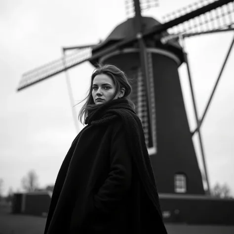 Cinematic photography, low-angle close-up view of a young woman standing in front of a towering windmill. She is wearing winter clothing — a long, dark coat with a high collar, a knitted scarf wrapped around her neck, and a woolen beanie covering her long,...