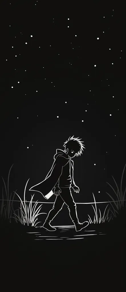 Draw an anime sad guy walking only white outline... imagine he is going on night walk...(no graphics should be used just give me a outline of Drawing )on a black screen 