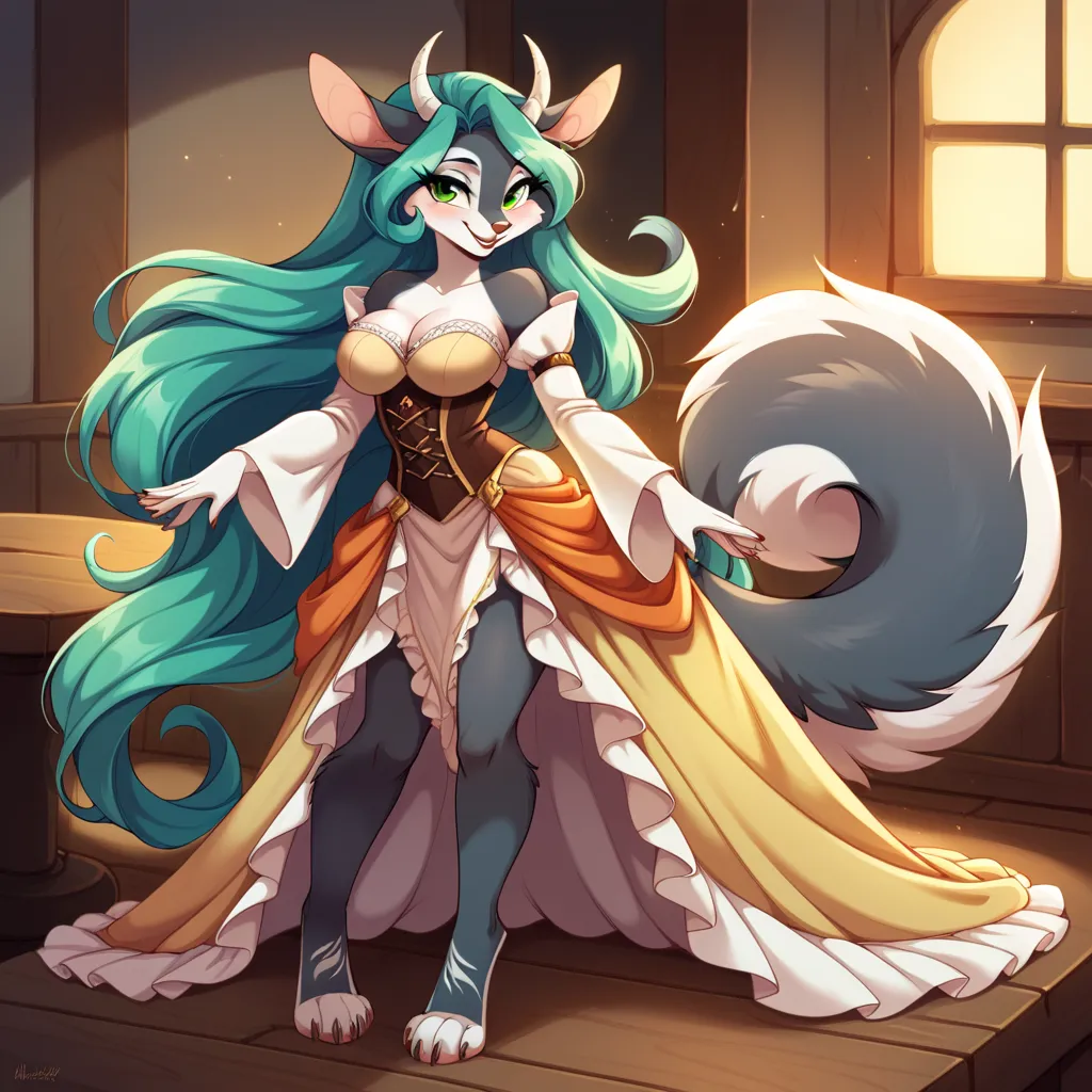 "A voluptuous anthropomorphic feline furry girl with soft gray fur, long flowing hair, and bright green eyes. She has distinct feline features, including perked ears, a long, fluffy tail, digitigrade legs, and soft paw-like hands with subtle claws. She is ...