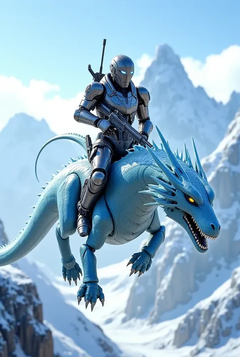 Create an image of a robot holding a gun riding an ice dragon on a mountain 