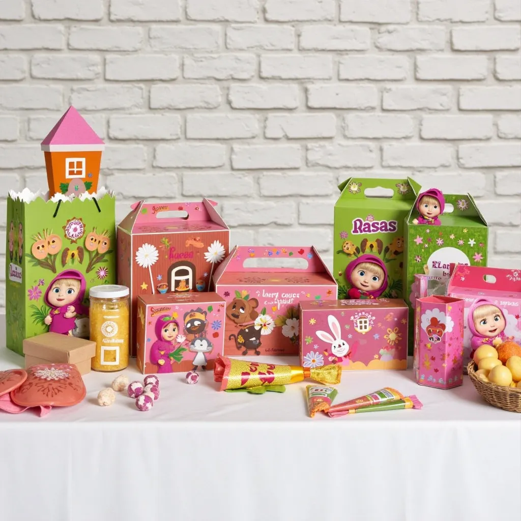 **Prompt:**  
"A themed party kit displayed on a white table against a white brick wall, featuring a Masha and the Bear design. The kit includes various decorated boxes and gift bags in warm tones of pink, green, and brown, inspired by the cozy forest sett...