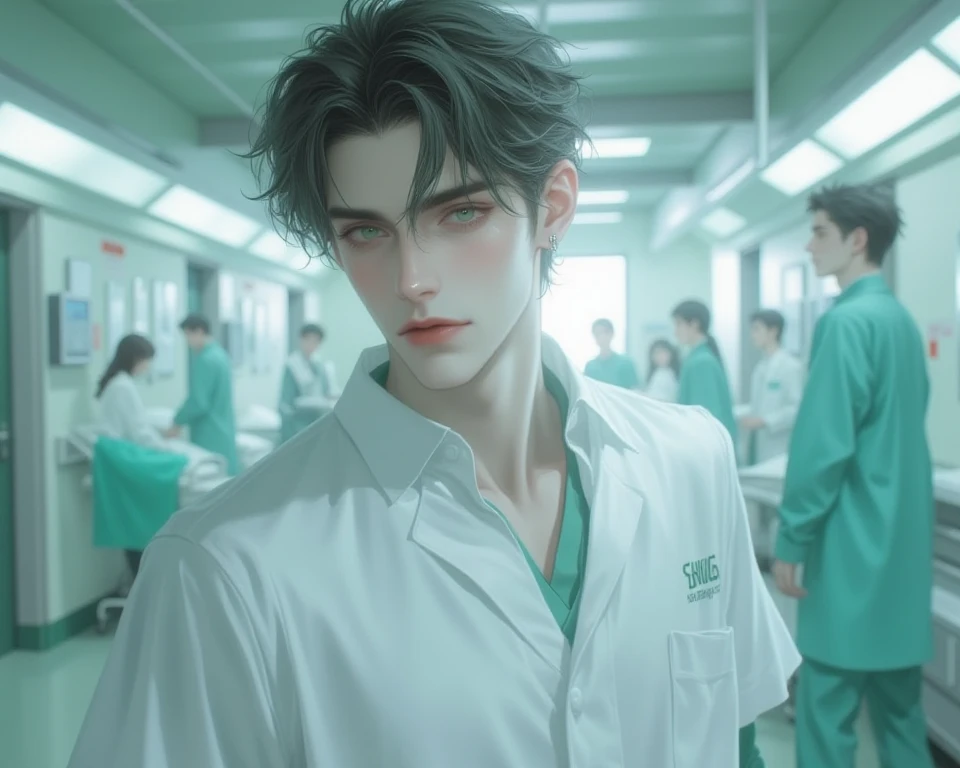  Male , hospital background, looking at the audience, classroom, Wear a white medical uniform ,Solo, look at the viewer, Hair highlights, green eyes