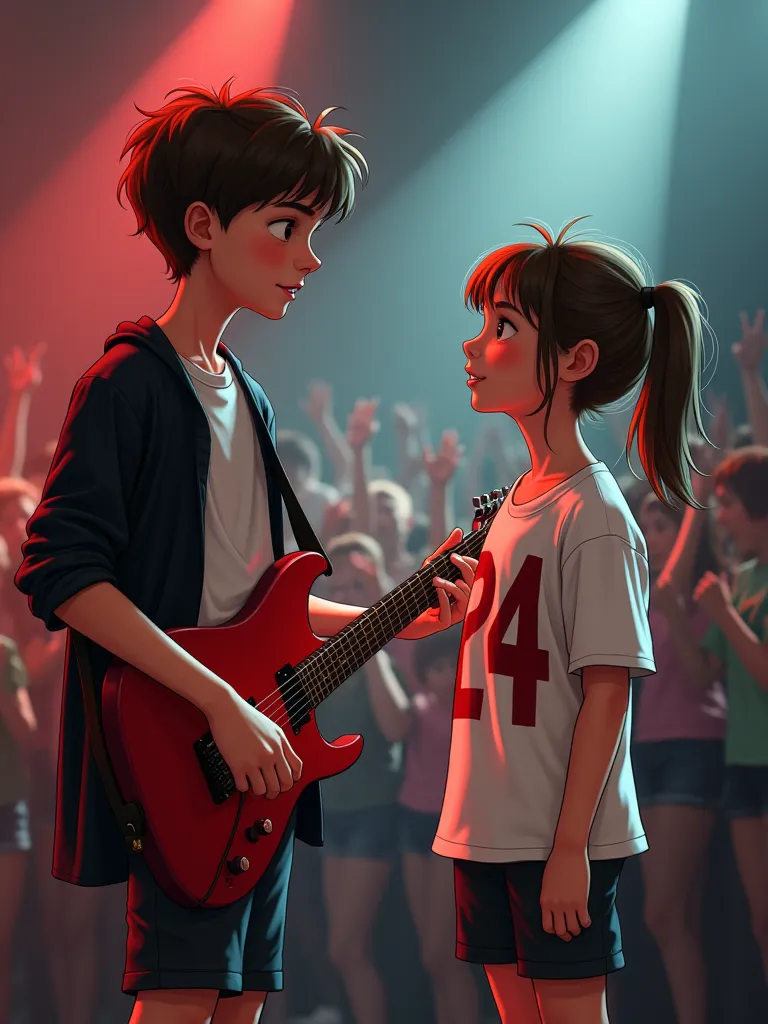 A boy with a red guitar wearing a t-shirt underneath and a black jacket with a slanted smile seeing the girl and her wearing a t-shirt with the number 24 cross and
Who reaches the middle of his thighs with shorts and an innocent smile looking at paper in h...