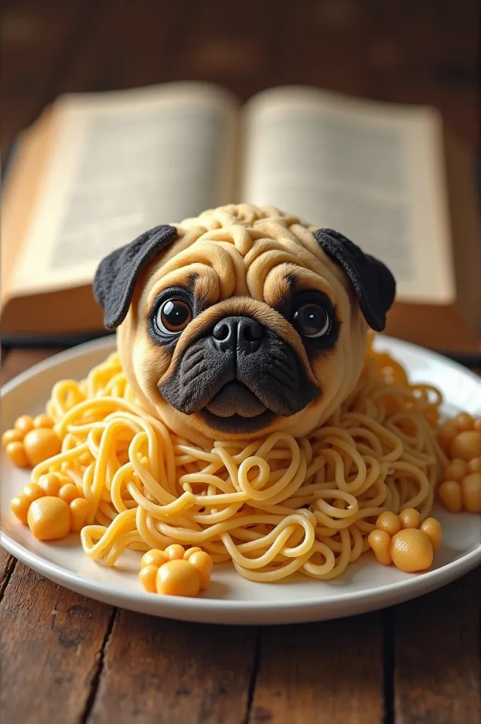 Create an image where the pasta appears in front of a BOOK OF MORMON but decorated with the theme of a PUG dog