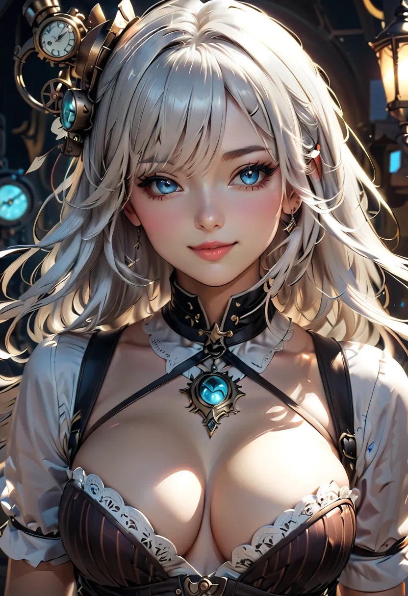 ((masterpiece, highest quality, Best image quality, High resolution)), ((Highly detailed CG synthesis 8k wallpaper)), steampunk、Young beautiful girl、No clothing on chest、 dream-like, smile,white hair