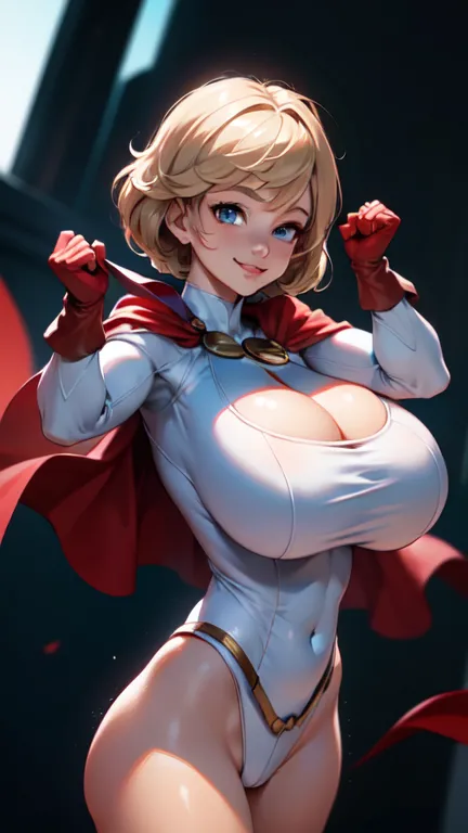 digital illustration masterpiece, best quality, highest quality, high definition, highly detailed, Power Girl in costume, blue gloves, red cape, athletic and fit body, smiling, perfect hands, detailed hands, perfect eyes, detailed eyes, smiling, realistic,...