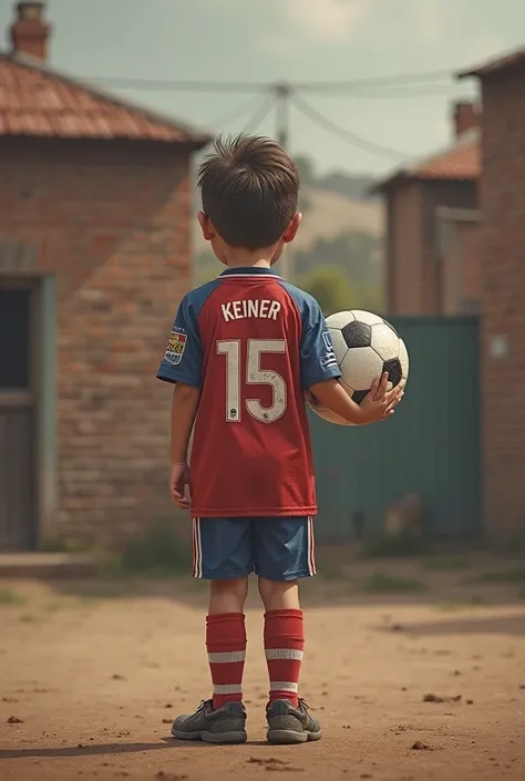 I want a realistic tattoo design. The design must have a boy on his back holding a soccer ball and wearing a soccer shirt that has the name " Keiner " And the number 15, And in the background a court and brick houses in a humble neighborhood. The  must be ...