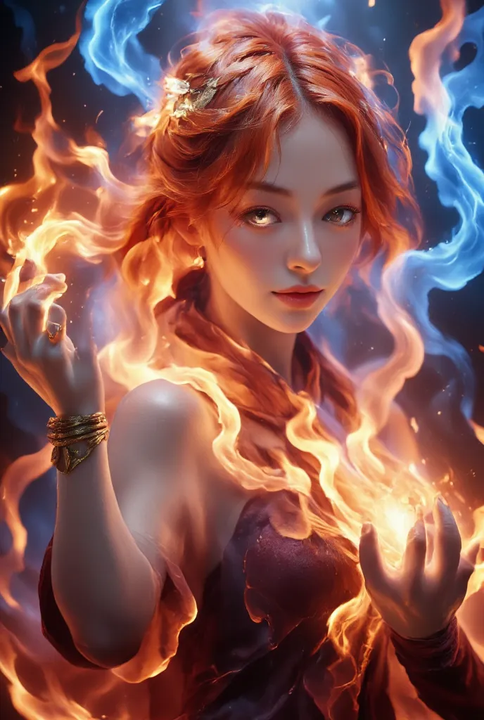 Fire Spirit in the Eye((Long Straight Glowing Red Hair))beautiful, smooth, white, silky skin((very, very big eyes that shine red)) glossy red lips （hair flutters with strong hot air） very lean body、very gorgeous fantasy dress、Luxurious crown、Luxurious ring...