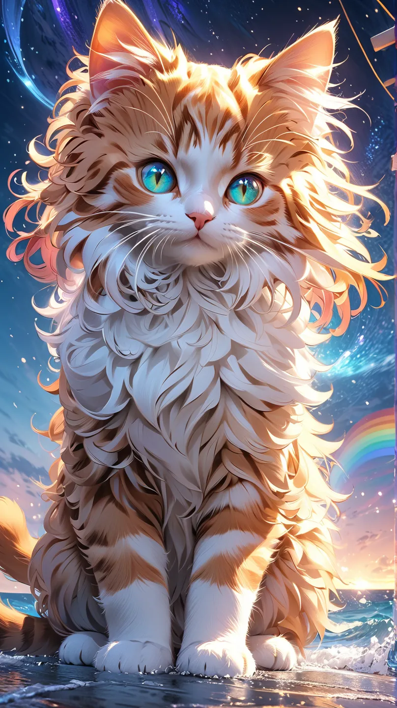 ((Masterpiece, best quality, highest resolution, high resolution, photorealistic, raw photo, extremely detailed CG integrated 8k wallpaper))

A colorful and pop cat is drawn against the backdrop of a fantastic night sea. The cat has rainbow-colored fur and...