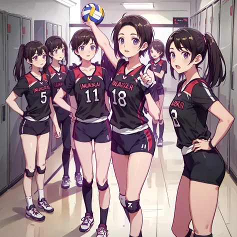 ( masterpiece, high quality), (multi girls), 18 years old, , locker room, (volleyball uniform),  (  Group Selfies), Wide angle, Soft light, expressionless, close your mouth, no light in eyes