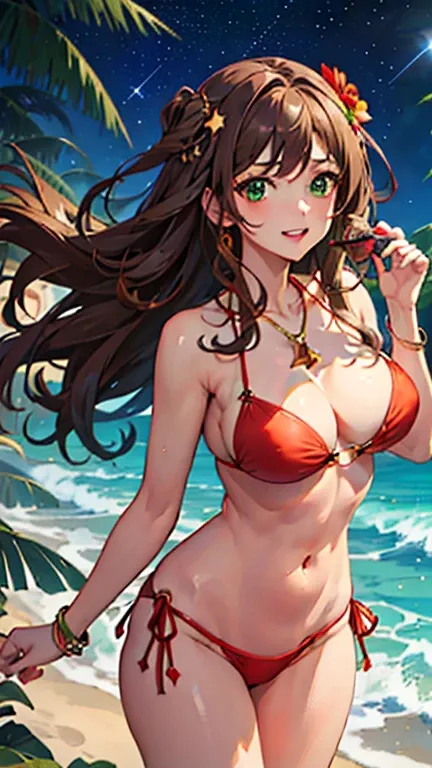 (masterpiece), best quality, expressive eyes, perfect face,brown hair,green eyes,cleavage,big breasts,((Red and Green O-ring bikini:1.3)),heel sandals,(bare shoulders), purple crystal pendant,bracelet,smiles,beach,(night:1.1),(starry sky:1.2),standing,sexy...