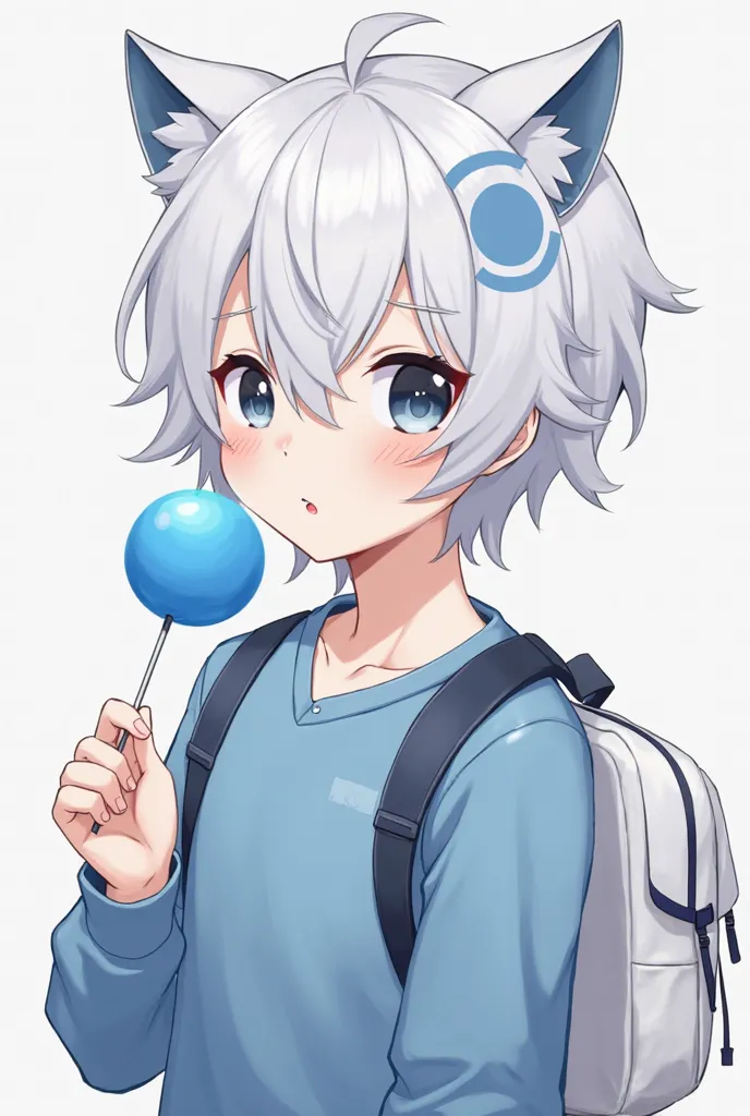 male character,  with white hair, a white backpack with mini ears, a blue patch in the hair, Blue heater on white , Blue shirt a round blue lollipop in the hand, Pale skin fluffy face with black eyes with cuteness