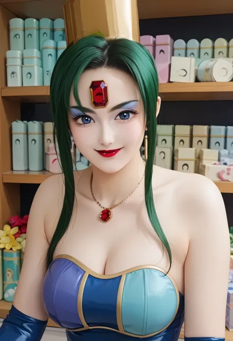 score_9,score_8_up  ,score_7_up  ,very beautiful lady:5.0,    Masterpiece,    Hi-Res,   raw photo, , realistic photo ,anime style,1 girl, , slim ,heavy makeup ,   green hair,  white skin , Red gem on forehead, ,  red lipstick,   eyeshadow , very huge breas...