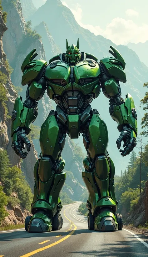 "Create an image of a Hulk-inspired bulldozer in the style of Transformers. The bulldozer is massive, painted in metallic green with a futuristic design. Set the scene on a mountain highway surrounded by rocks and trees, during a bright morning. Use vibran...