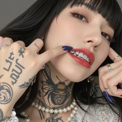 A striking Japanese woman with jet-black straight-cut bangs, bold cat-eye makeup, and deep red lips, exuding a mix of underground street culture and high-fashion elegance. She gazes directly into the camera with an intense yet playful expression, her mouth...