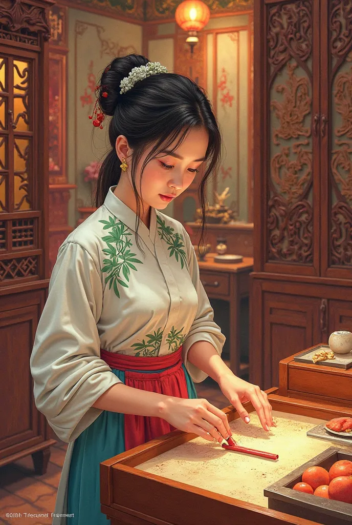 Help me create a realistic drawing of an Asian woman grating a drawer. A fun setting with several wardrobes in the background.