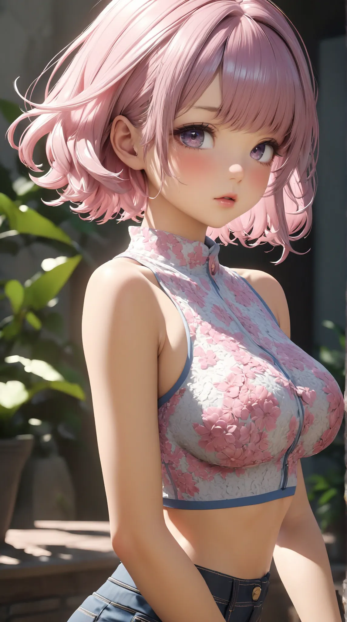 32k. award winning Masterpiece. Highest possible detail. Hyperrealism. Ultra realistic. Fit, busty. Deep photorealistic beautiful mischievous aroused eyes. Photorealistic natural skin textures with pores. 32k Ultra HD.  Best quality 3d blender render. Lush...