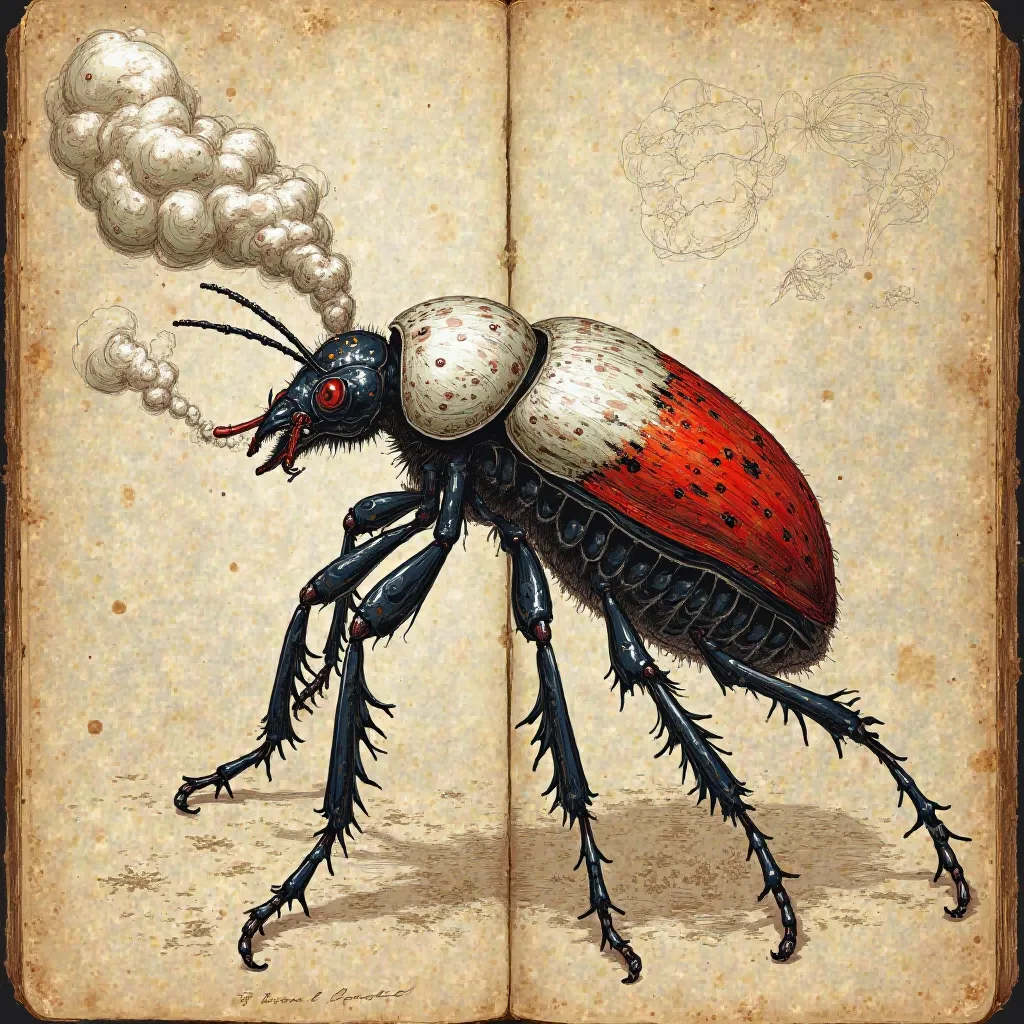 A fantastic and detailed bomber beetle, with an elongated abdomen and protuberances from which it expels toxic gases in the form of dense and vaporous clouds. Its coloration combines white, vibrant black and red, with intricate patterns that highlight its ...