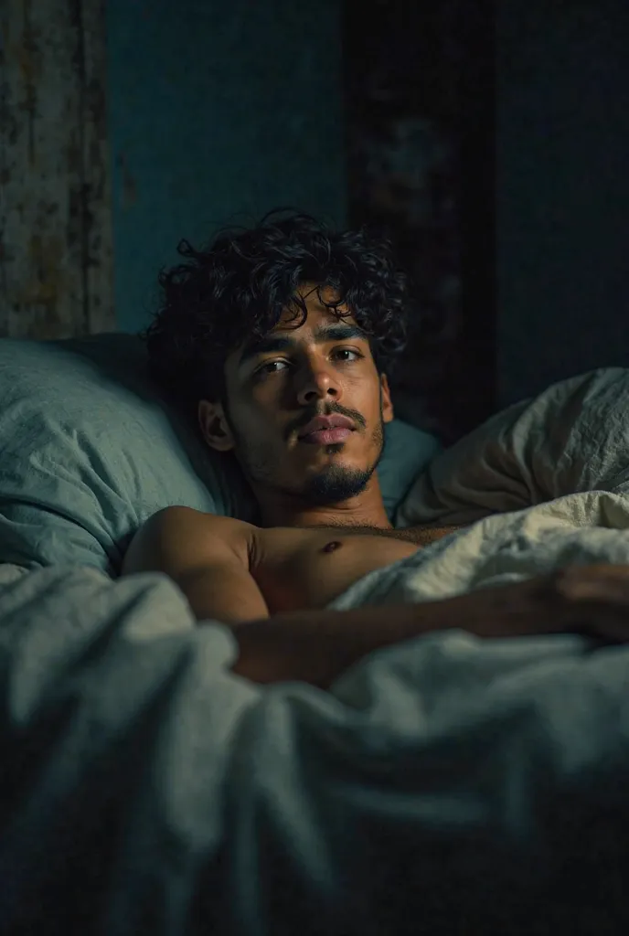 Photo of a dark night, a young man with a focused face lying on a bed in a house in a town in Venezuela, Guarico state 