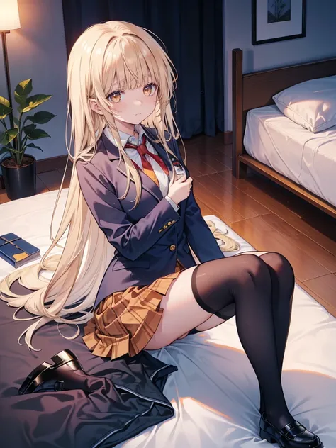 Shiina Mahiru, good looking woman (long blonde hair with square bangs, Big golden yellow eyes,  redhead),  wearing school uniform (blue blazer with white shirt, Red tie, brown mini skirt, Black Stockings, Brown Shoes) , Lying in bed (in the bedroom), Look ...