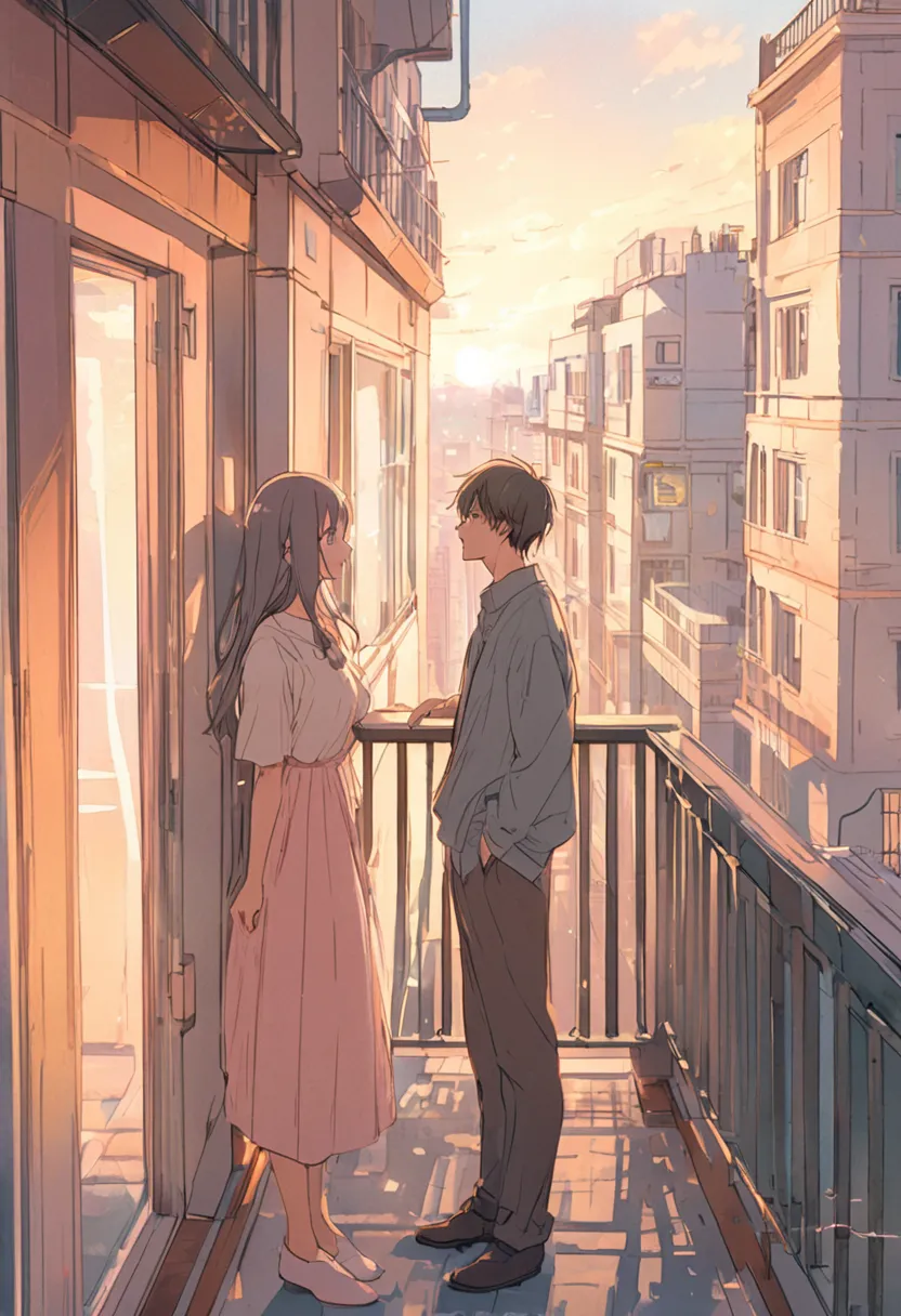 A delicate anime-style illustration in soft pastel colors with sketch-like lines and a watercolor texture. Depict a 23-year-old man and a 24-year-old woman, each in different urban settings at dawn. The man stands on a city balcony bathed in gentle morning...