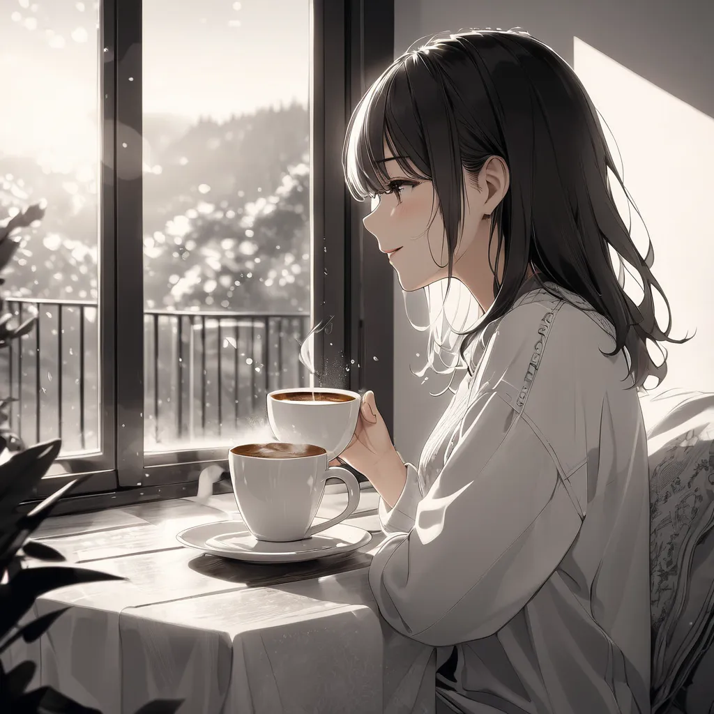 		 • Scene : close-up emphasizes the moisture in the coffee cup and the feeling of a moist morning, • Atmosphere: A moment that makes you feel a small sense of happiness through fine details, Black and white warm tone