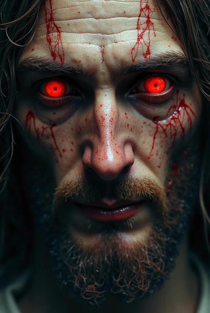 we need a photo where Jesus' eyes are large, both eyes are visible, the eyes are red and the veins on the face appear apparent.