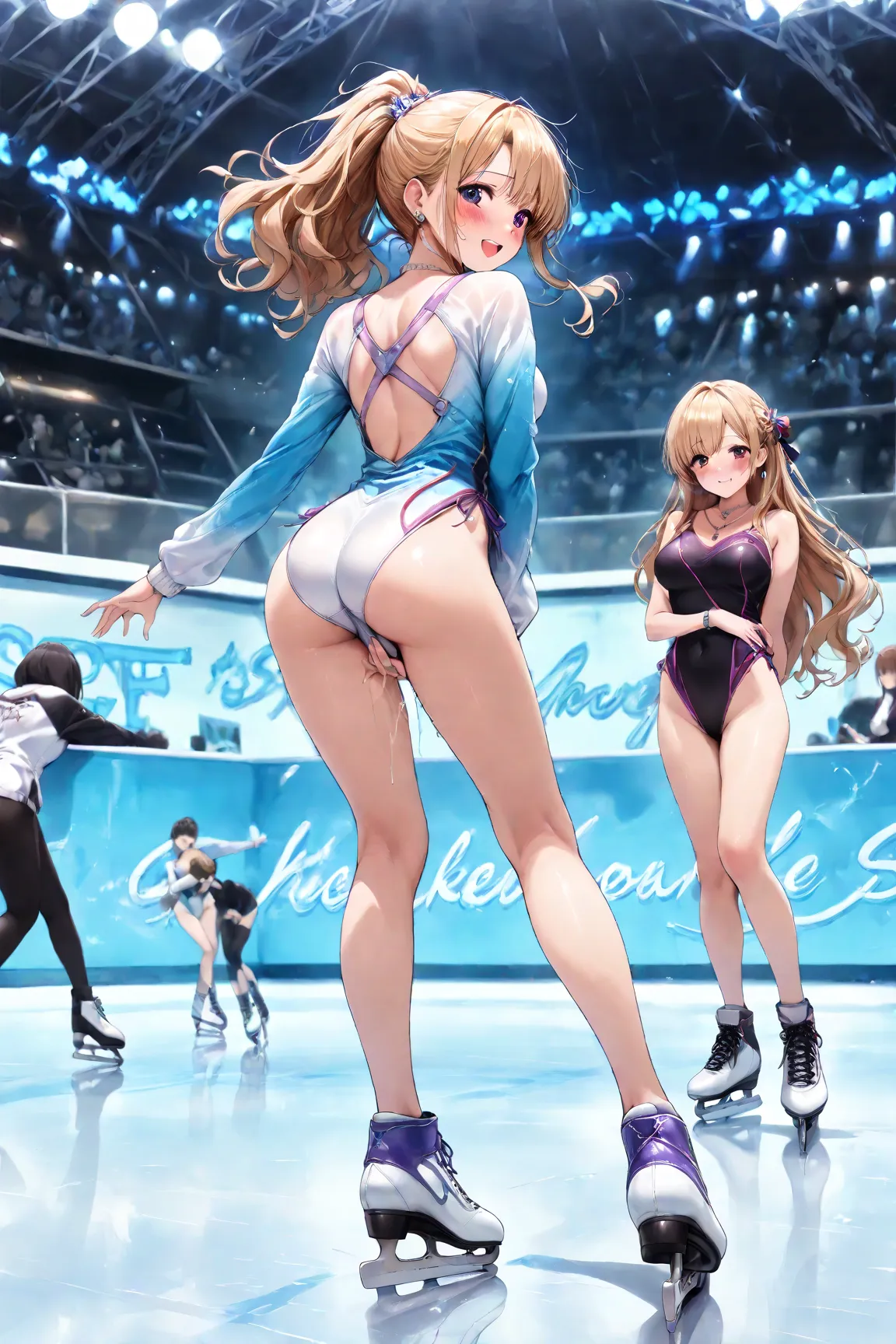 (( orgasm face, shy smiling )), (( back shot, looking back )), (( full body, standing,)) , (( finguring crotch masturbation ))) , (( elegant woman )), masturbation ((( standing, skating, , squring )))  , (((figureskate uniform, leotard uniform ))), (((skat...