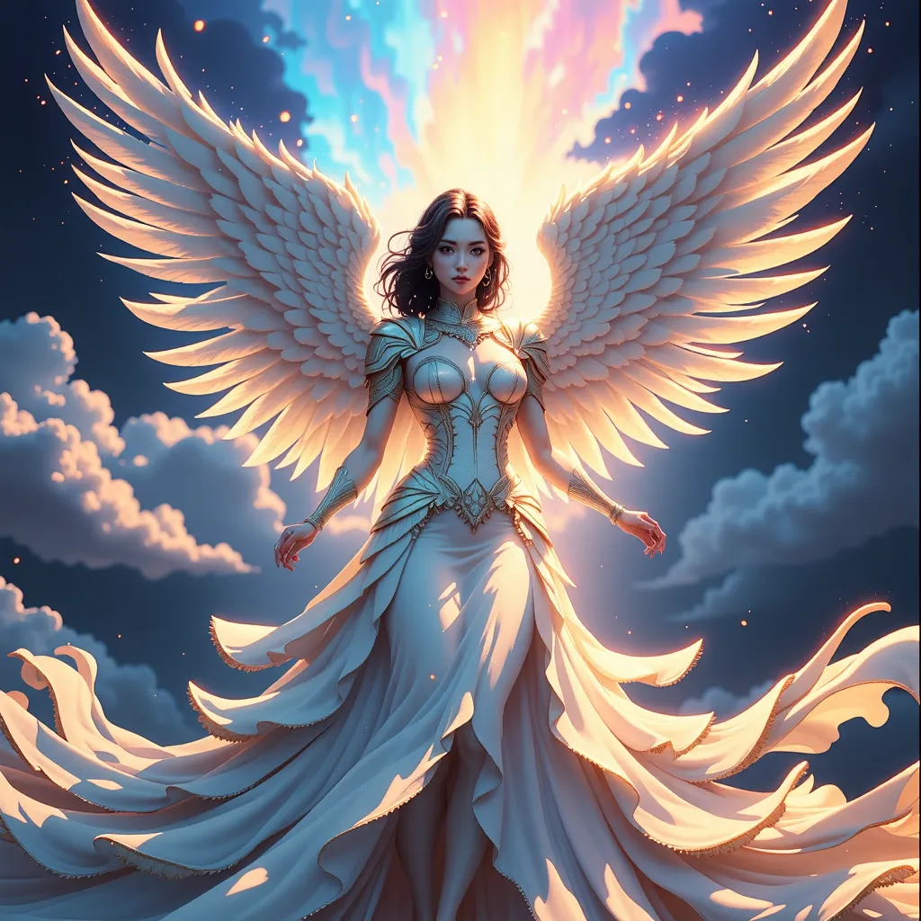 Design a digital illustration of a mystical being that emerges from an ethereal, surrounded by an aurora of changing colors. His wings, made of crystalline light, they extend majestically, while its detailed armor reflects the tones of the sky. The mantle ...