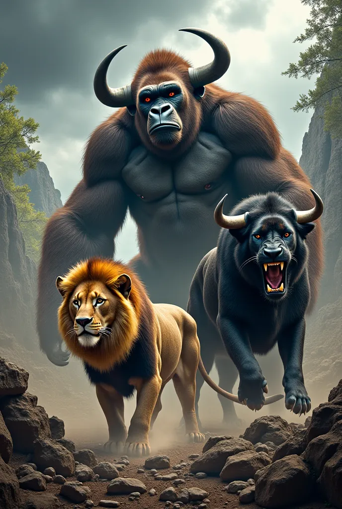 Draw me one gorilla one lion one black panther one bull let it be hard and scary 