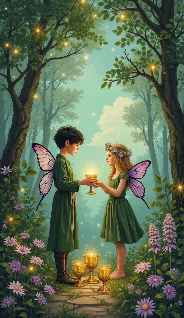  Tarot card “6 cups” made in fantasy style 

The central element is a magical green forest  ,where many fireflies are flying ,  in the forest, a boy of  with short dark hair with short dark hair stands on a narrow path  ,  behind her back he has delicate t...