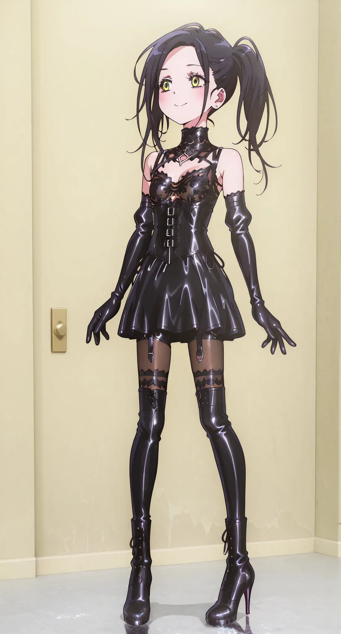 small bust、delicate、 slim figure、standing、full body、erect nipples、Sheet Cutting 、  wariza、 coral、red leather collars are handed to viewers:1.8、Bondage、 queen、spouse、(((one girl)))、(((Alone:1.8)))、(((Black latex elbow gloves:1.4)))、(((black latex corset dre...