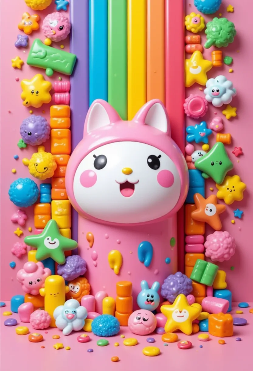 Vertical colorful frame, Tetris parts of various shapes, shiny parts, numerous parts, small parts, Tetris game, slime face parts, colorful parts, cute slime face parts, sticky, Sanrio character parts mixed, parts are aligned,