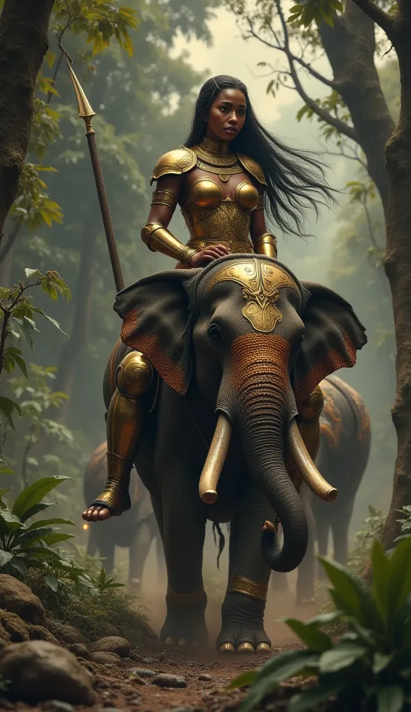 A young, black Brazilian warrior, bbw woman of tall, imposing stature, wearing shiny bronze armor that highlights her strong, feminine muscles. Her face is of rare beauty, with elegant features and an expression of determination and strength.
Her skin is a...