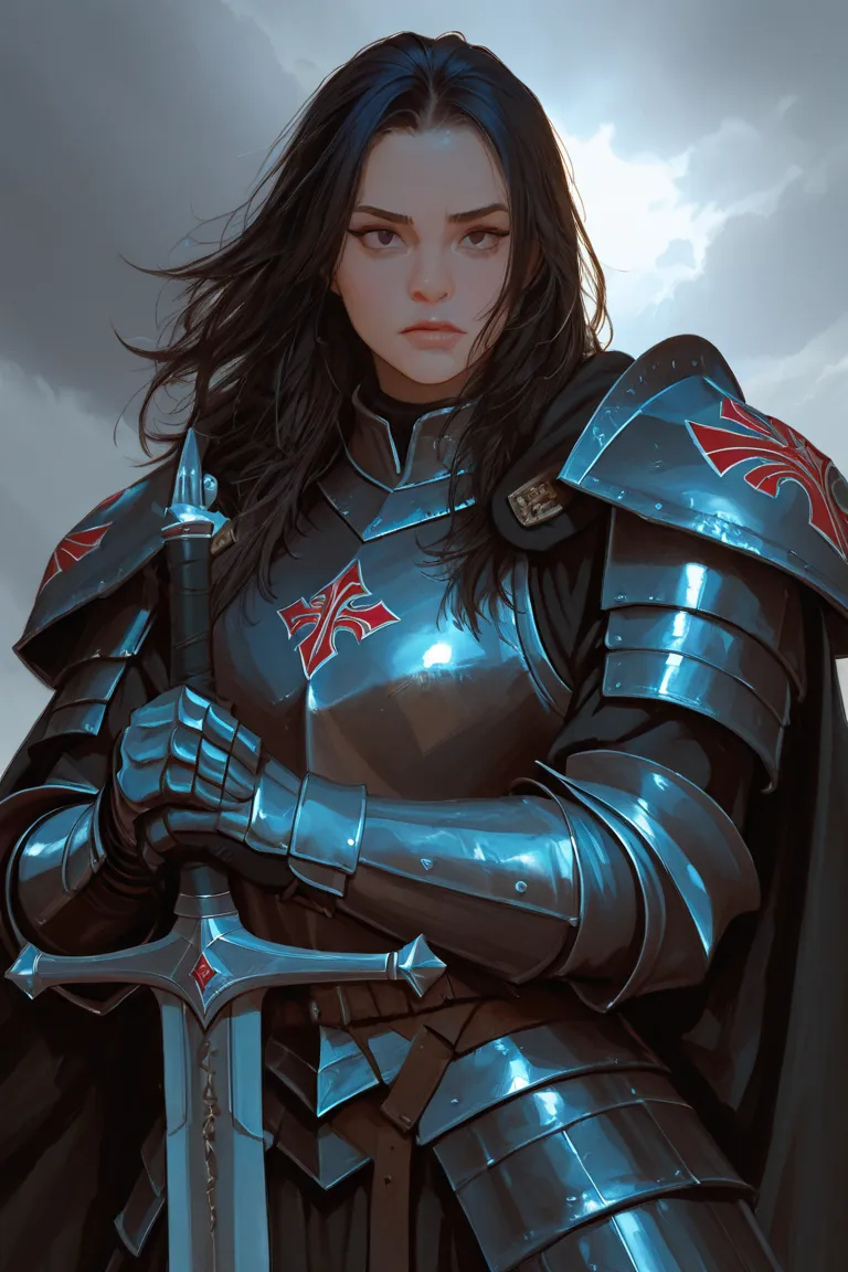 A powerful Viking warrior of large size, with long, dark hair and beard, is in an imposing position holding a sword with both hands. } He wears dark metal armor with leather details and a majestic cape with leather on the shoulders. His expression is fierc...