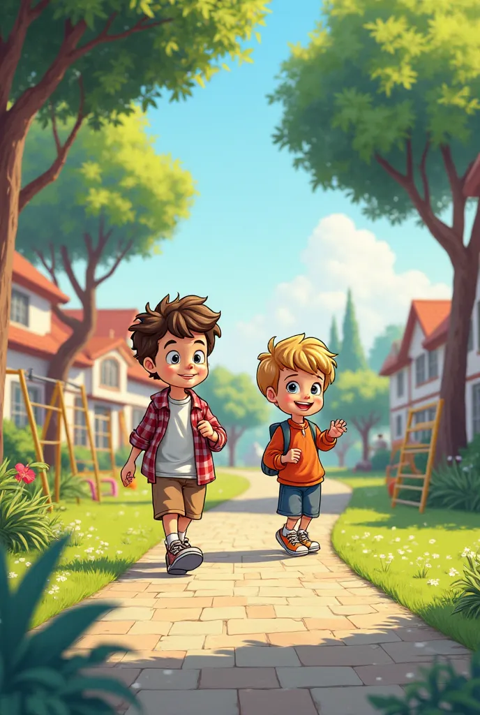 Create an image in Cartoon style, Of one and two boys walking in the schoolyard