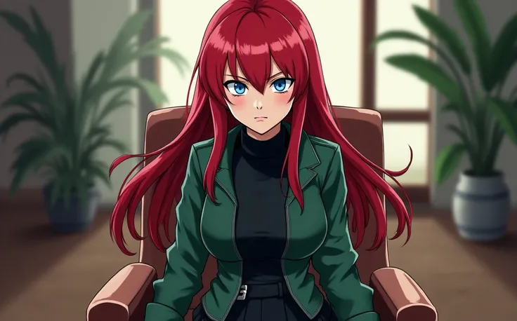  anime Naruto ,Women,red hair,A band from the village of La Hoja, blue eyes, a black shirt,with a black short and a green vest,that is greater,Are you sitting in a chair at home