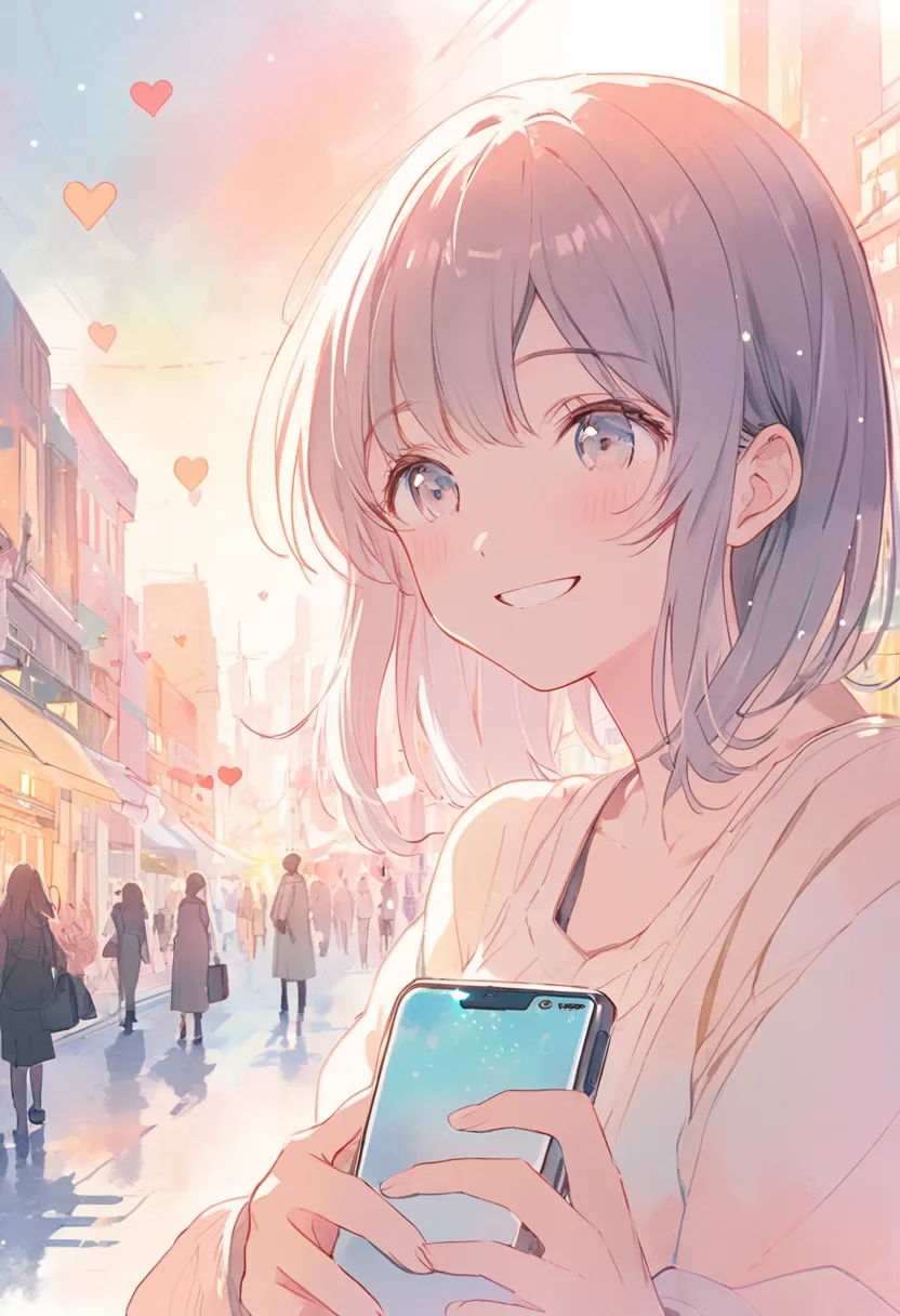 A tender anime-style illustration in soft pastel tones with a watercolor finish. Show a 24-year-old woman holding a smartphone, the screen displaying the warm, radiant smile of a 23-year-old man. The background features subtle city elements, hinting at the...