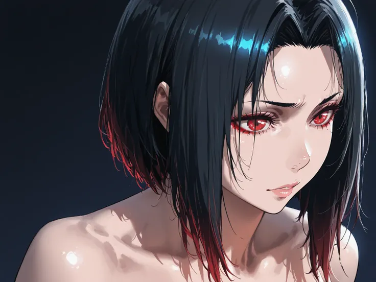 1girl,SuchHorriGirl, a cyberpunk girl with, she has long black hair and red eyes, by Kentaro Miura , art style of dark fantasy, dark colors, solid background color, vibrant colors, high contrast, full body portrait, simple illustration, clean lines, digita...