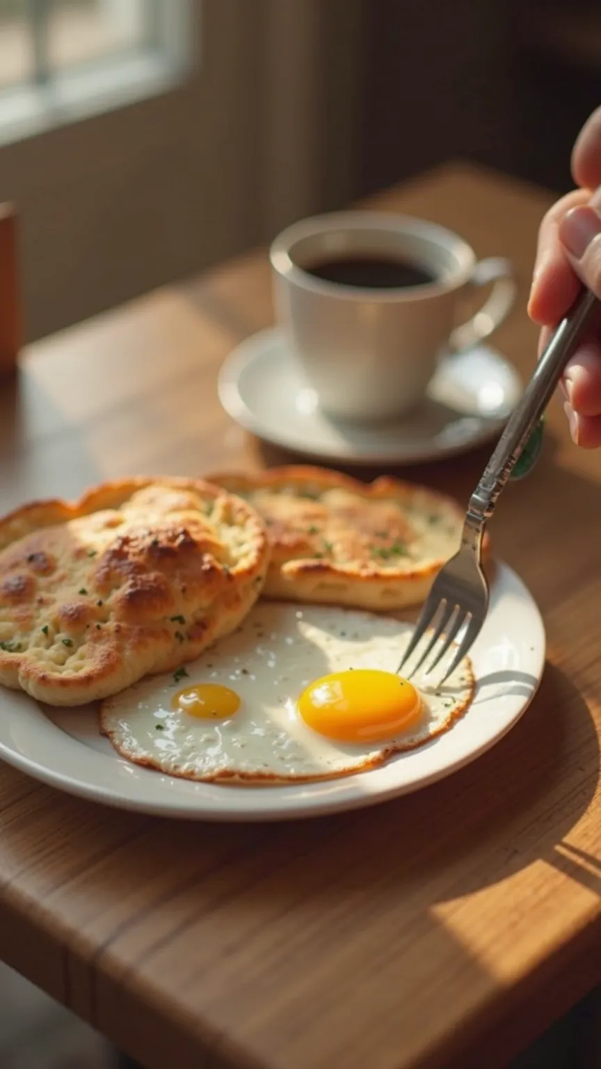 Ultra realistic image, A point of view as if you were looking at your hands, you have a single fork and you see in front of you your breakfast which is some fried eggs and a cup of coffee, the setting is from the 2000s