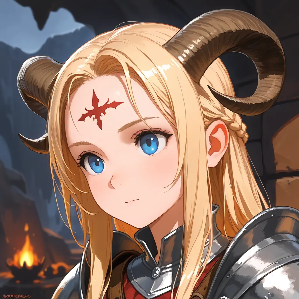 One girl, blonde hair and blue eyes in medieval clothing, two short horns on forehead, shoulder armor, bust, fantasy, monotonous cave